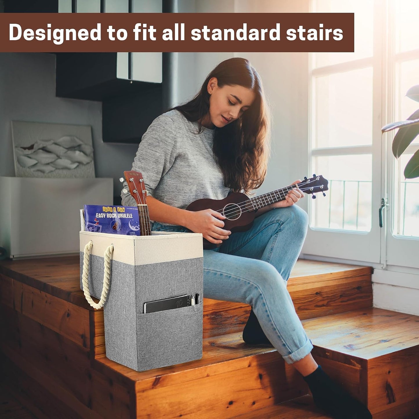 Cesta escalera plegable con asas algodón moderno organiz.
