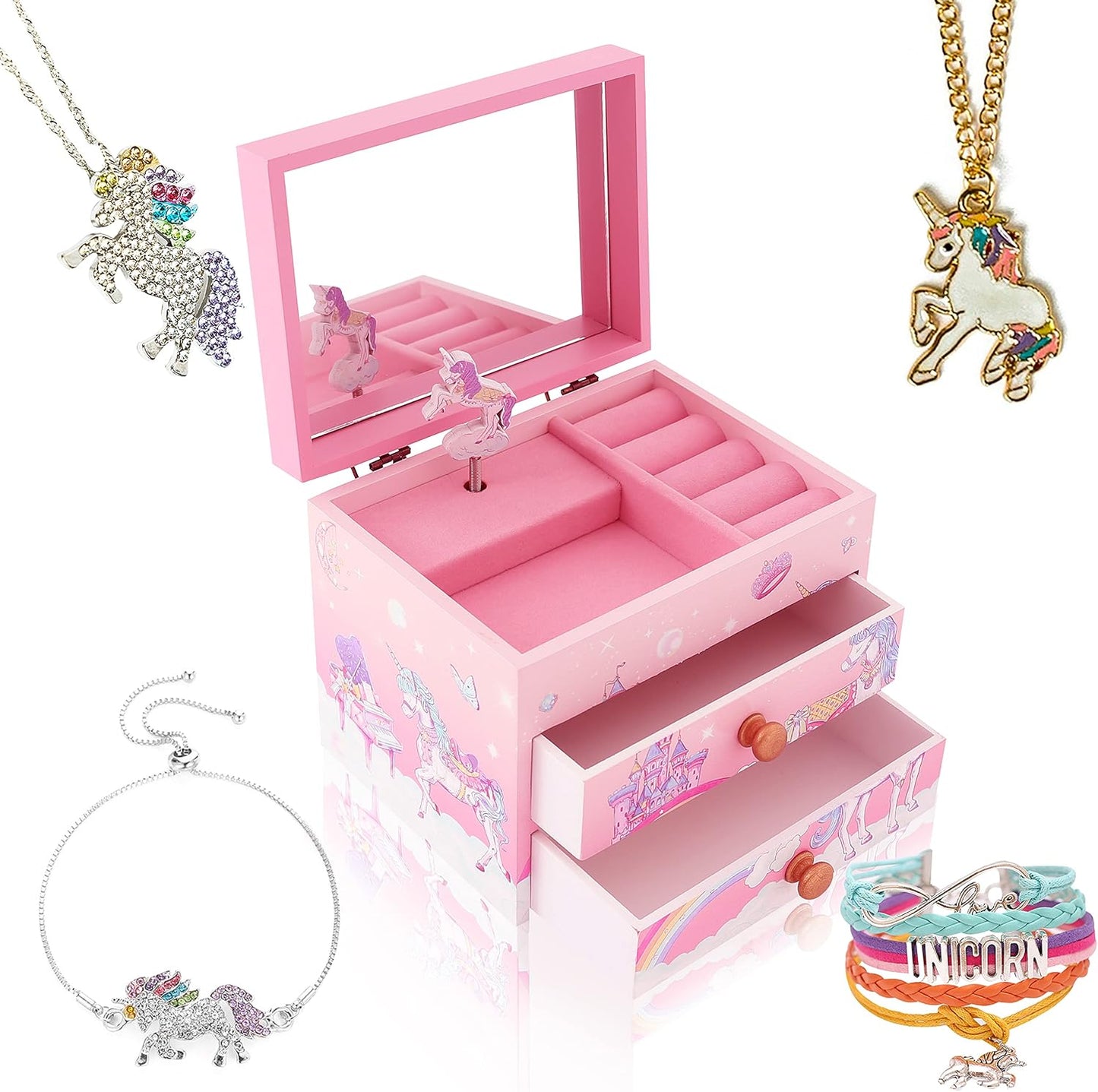Joyero musical madera unicornio rosa para niña