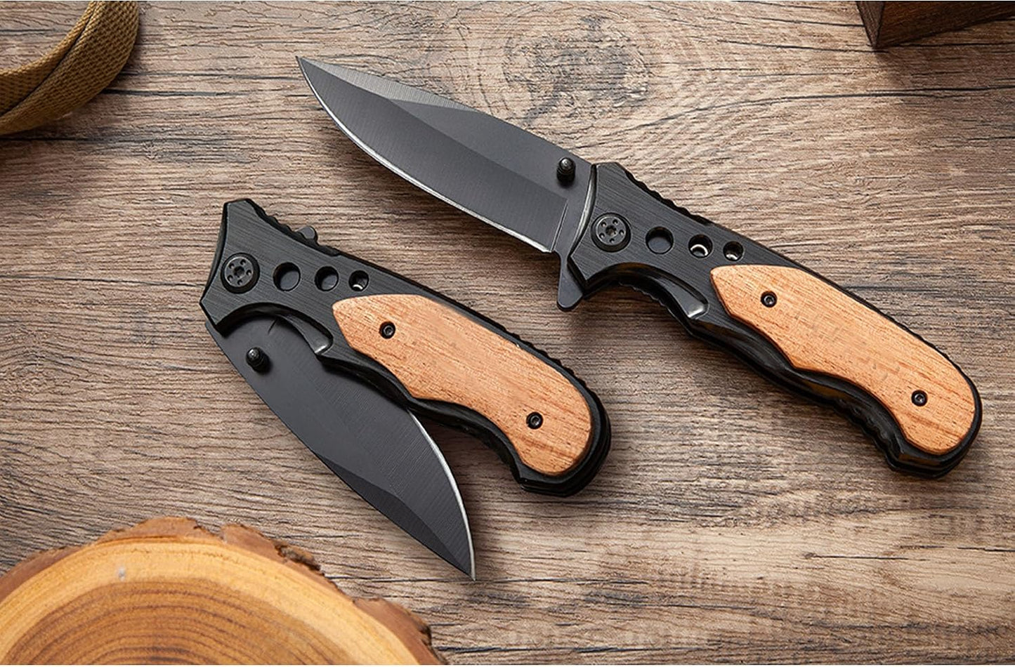 Cuchillo grabado mango madera hoja acero inox negro regalo papá