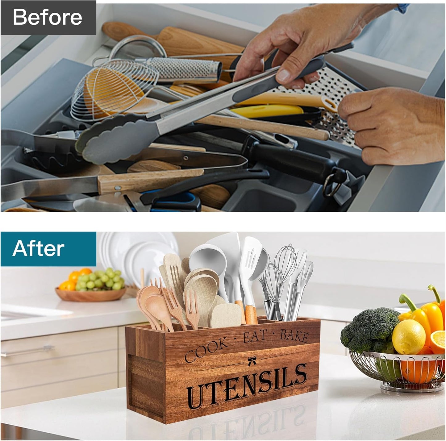 Soporte utensilios acacia 4 compartimentos cocina