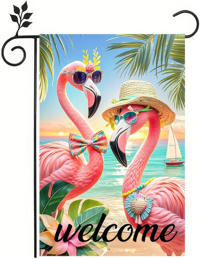 Bandera jardín flamenco tropical doble cara 12x18pulg