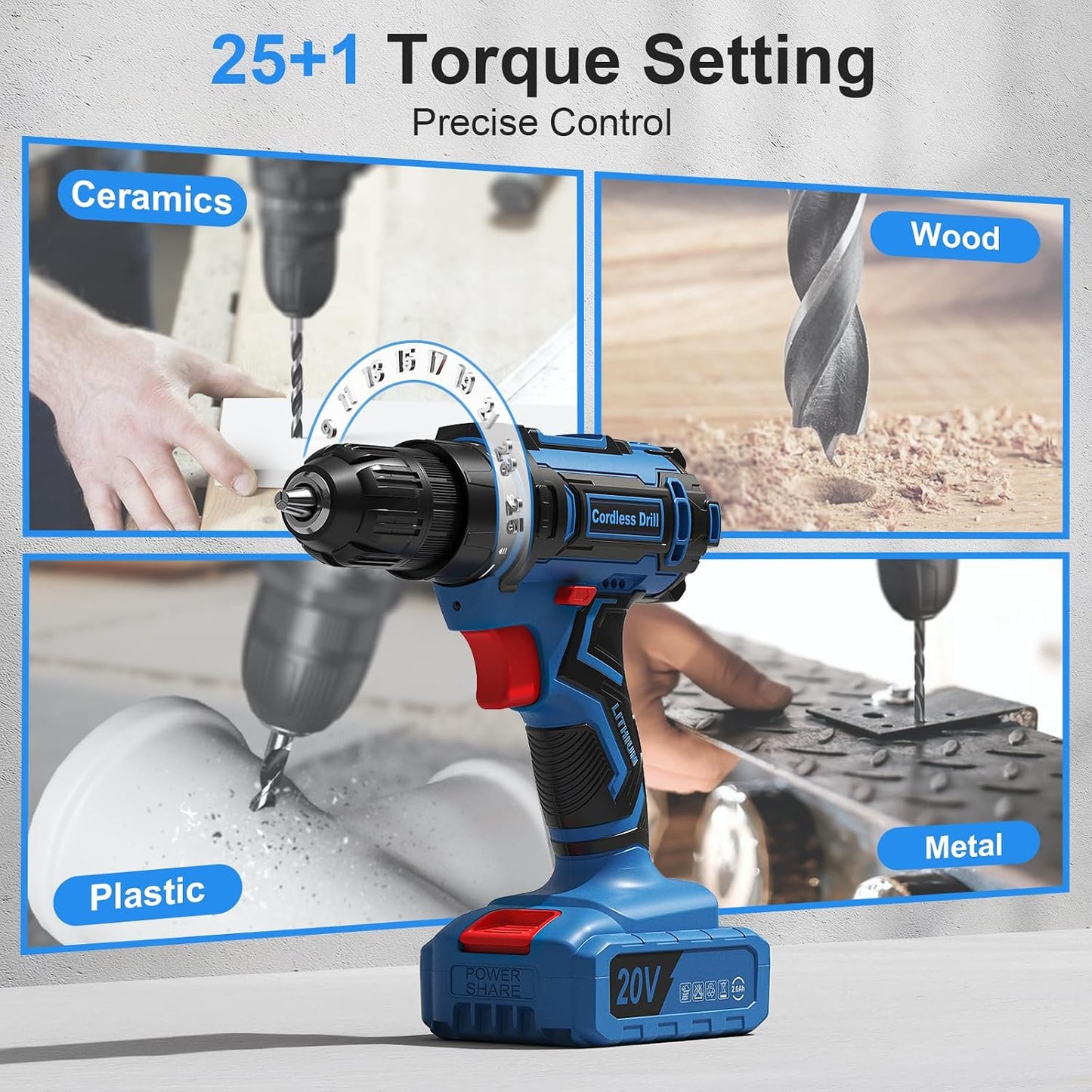 Set taladro inalámbrico 20V 2.0ah con 42 pzas brocas