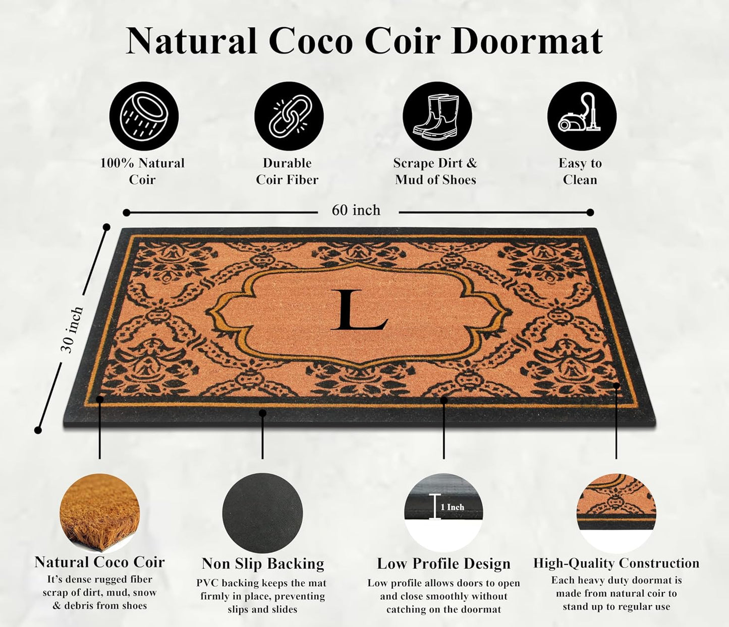 Tapete doble paisley hule fibra coco monograma 30x60
