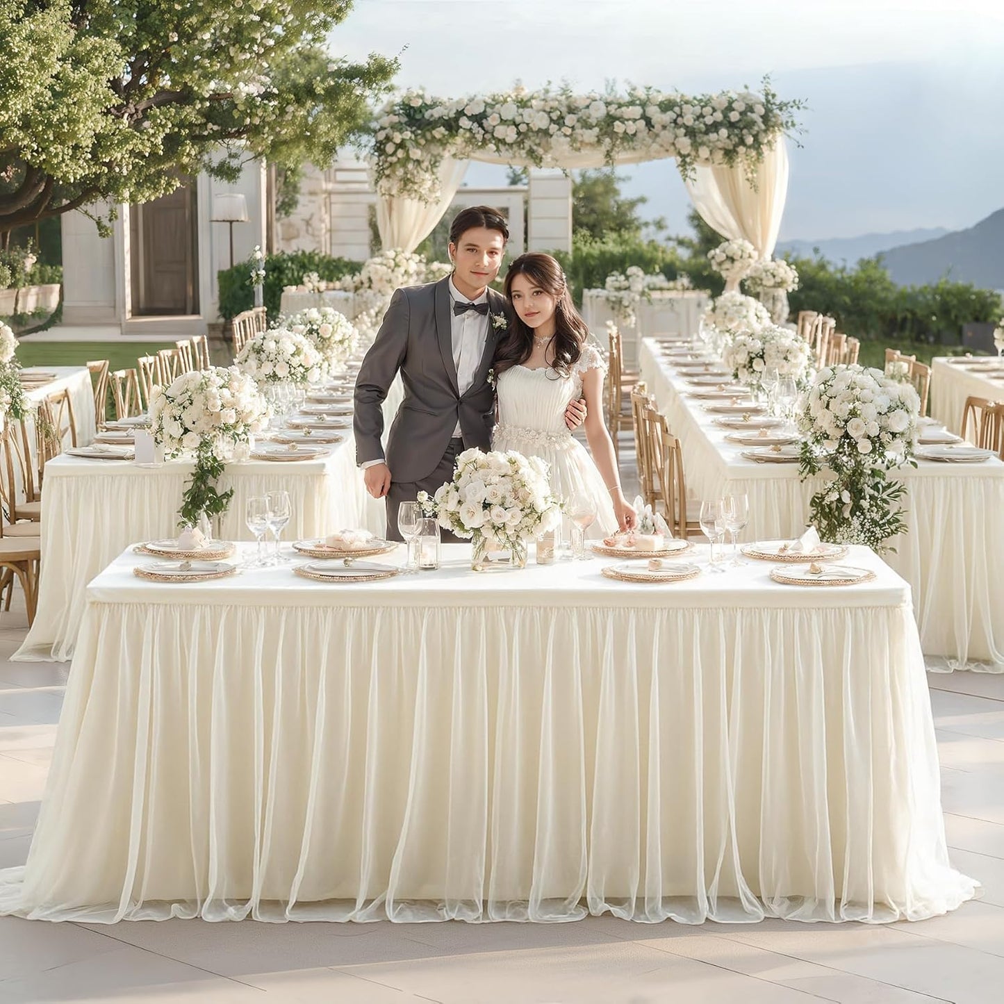 6 Manteles Tul Marfil 6ft Ajustables Bodas