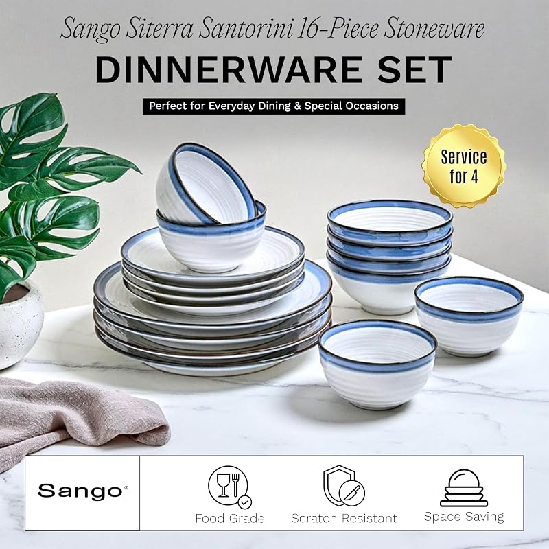 Set 16 Pzas Vajilla Gres 4 Pers Platos Cerámica Borde Azul