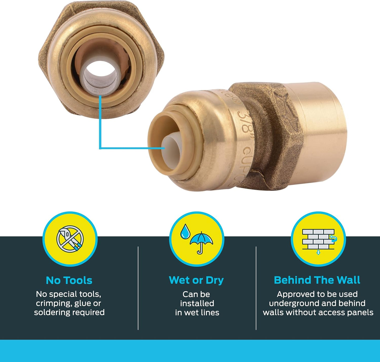 Adaptador FNPT 3/8x1/2 pulg latón para PEX cobre CPVC