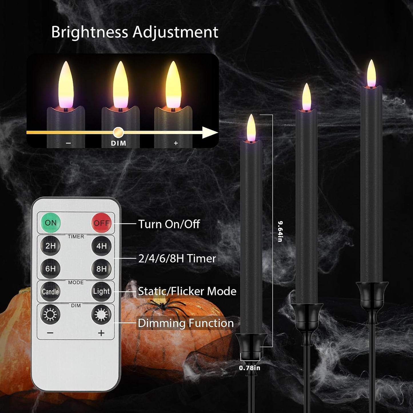 Velas cónicas negras set 3 candelabros led 9.64pulg