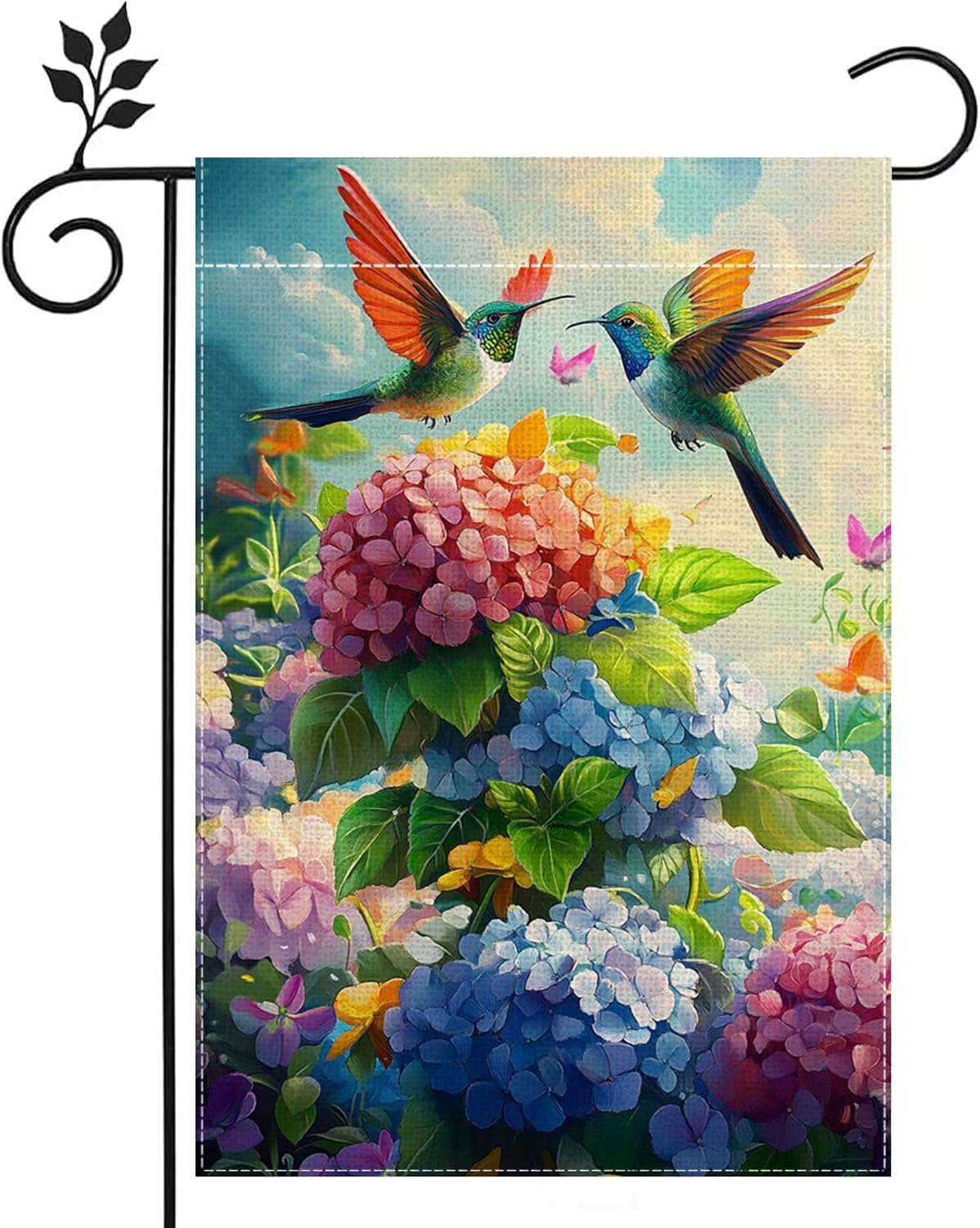 Bandera jardín hortensias colibríes 12x18pulg doble cara