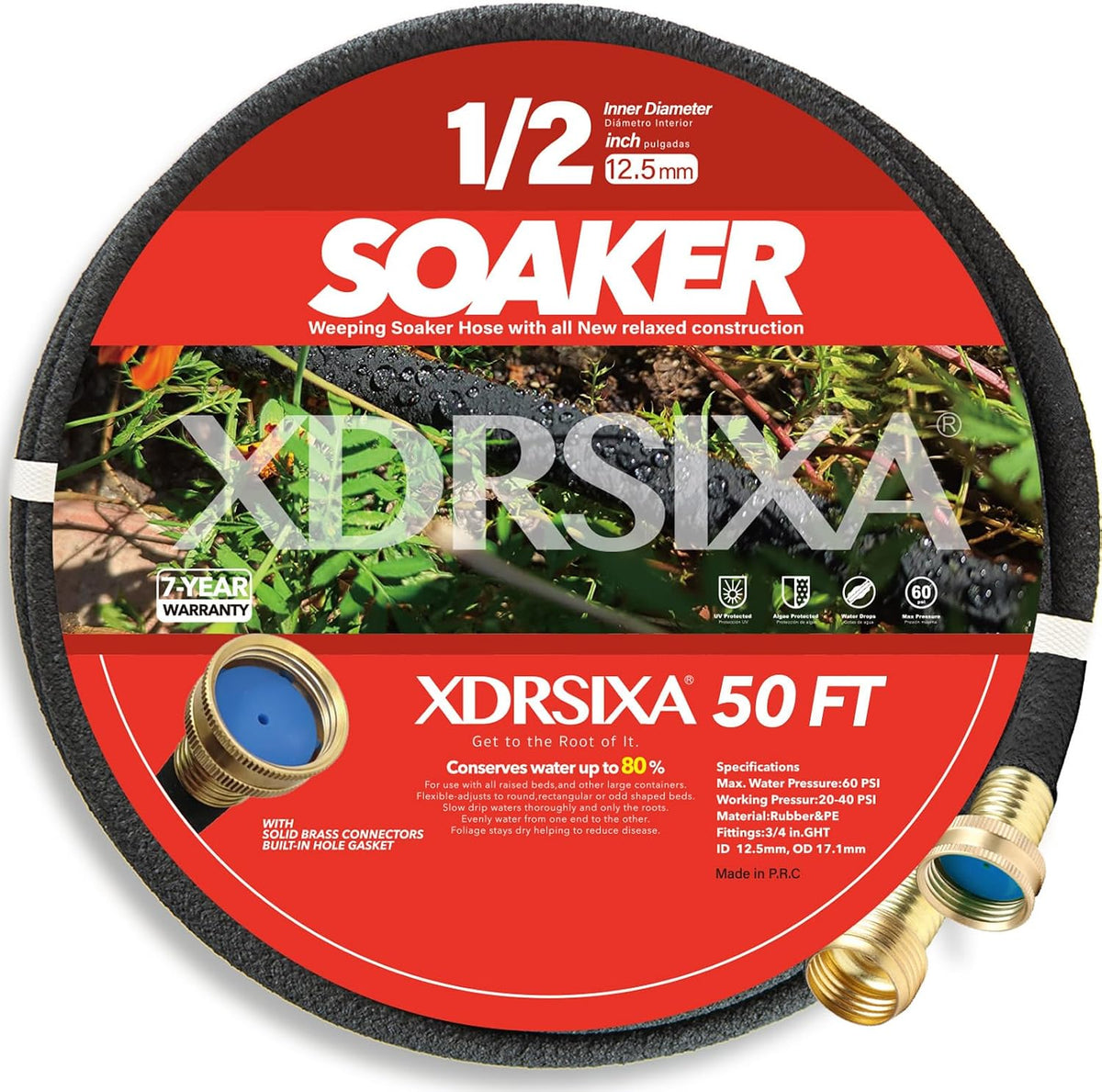 Manguera remojo 50ft 1/2pulg con conectores latón flujo flexible