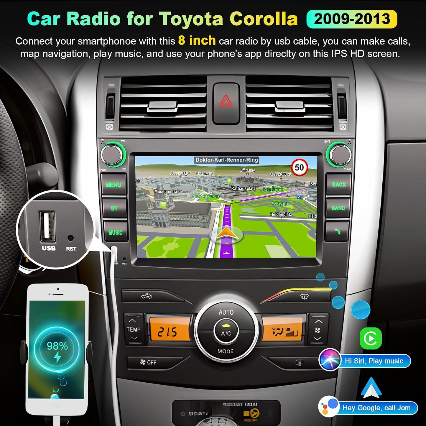 Radio coche 8pulg Corolla 09-13 comp Carplay Bluetooth