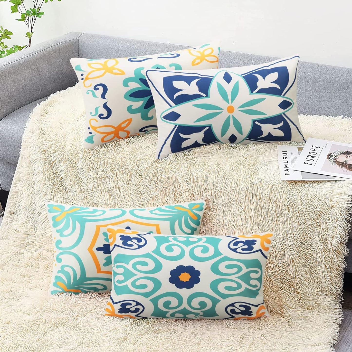 4 Fundas Almohada Impermeables 12x20" Estampado Azul