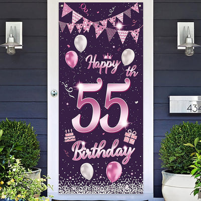 Cartel feliz cumpleaños 55 años rosa morada puerta