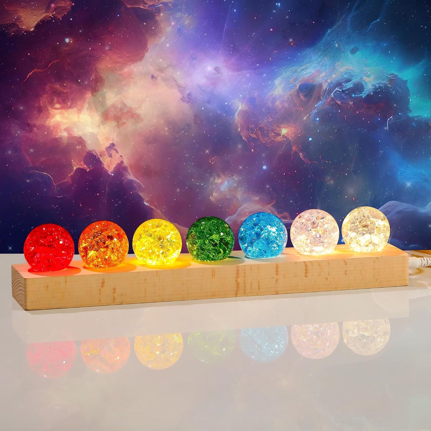 Bolas cristal 7 chakras base LED madera luz nocturna decoración