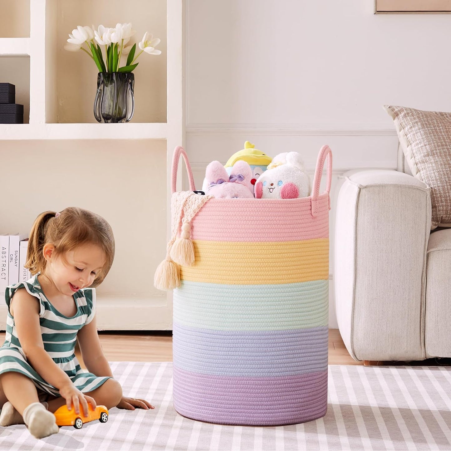 Cesta lavandería unicornio tejida para niñas pastel