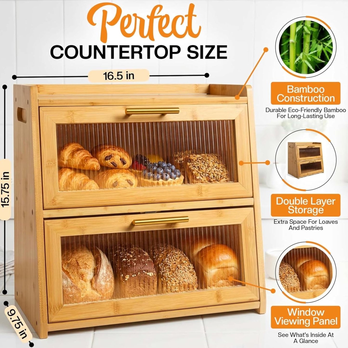 Caja pan bambú encimera cocina doble capa duradera