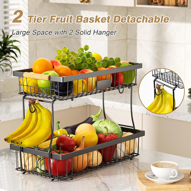 Cesta frutas 2 niveles encimera cocina con colgadores y asa