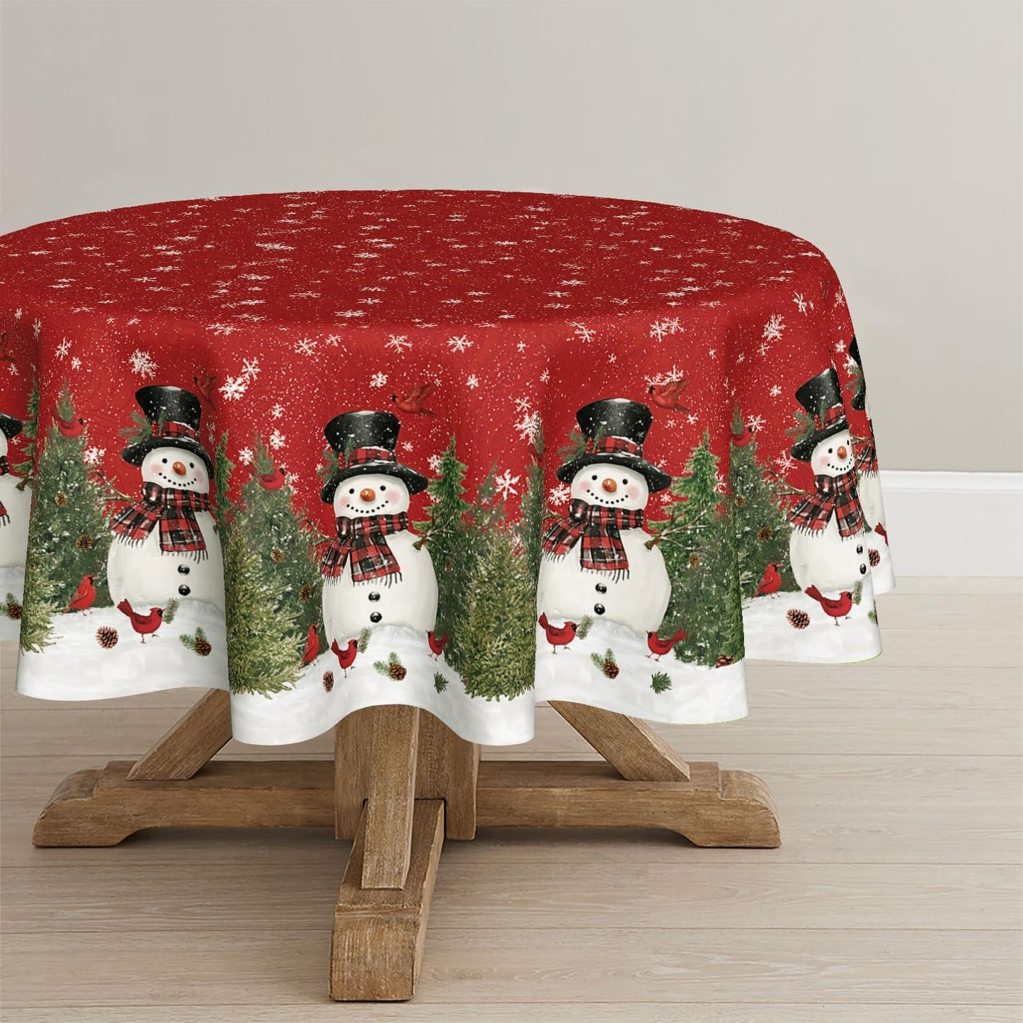 Mantel navideño redondo 70x70pulg con árboles y muñeco de nieve