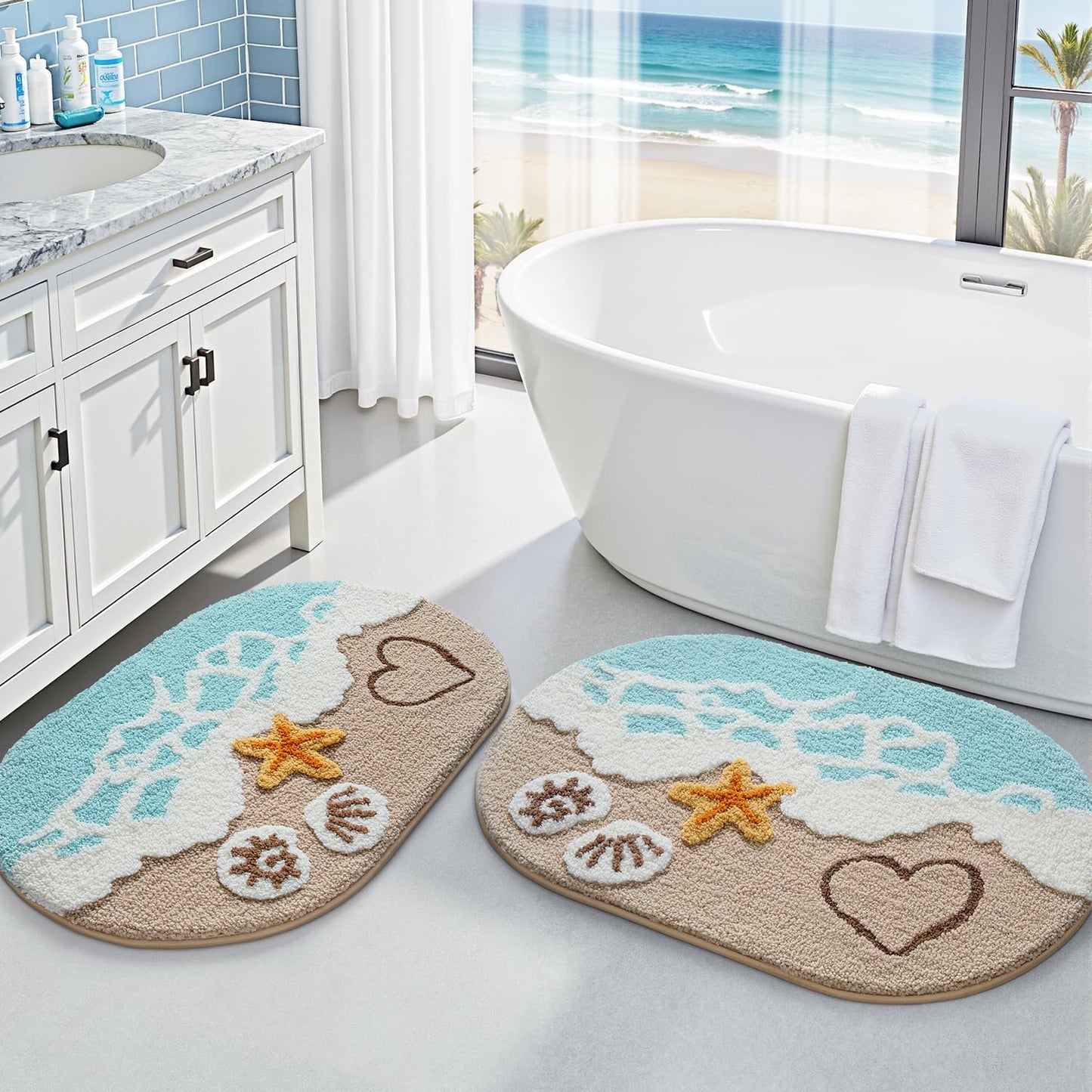 2 Pzas Alfombra Baño Antiderrapante Tema Mar Estrella de Mar