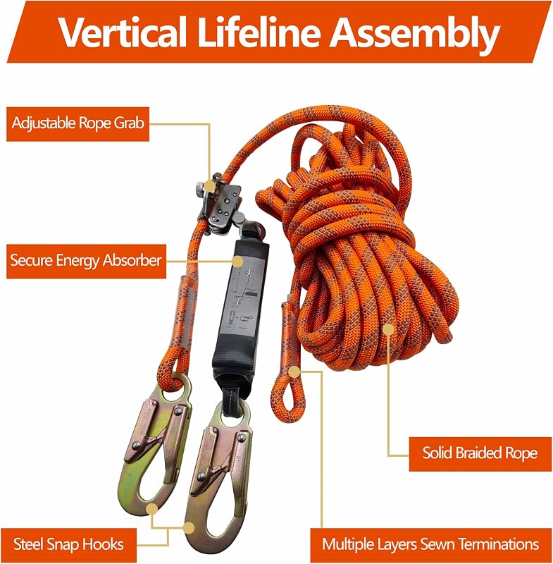 Cuerda seguridad arnés 50 ft con mosquetones naranja