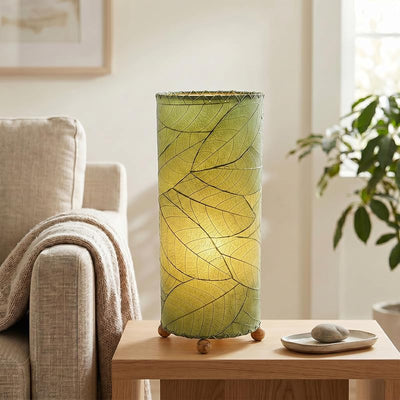 Lámpara mesa cilíndrica hoja cacao pantalla verde 7x7x17"
