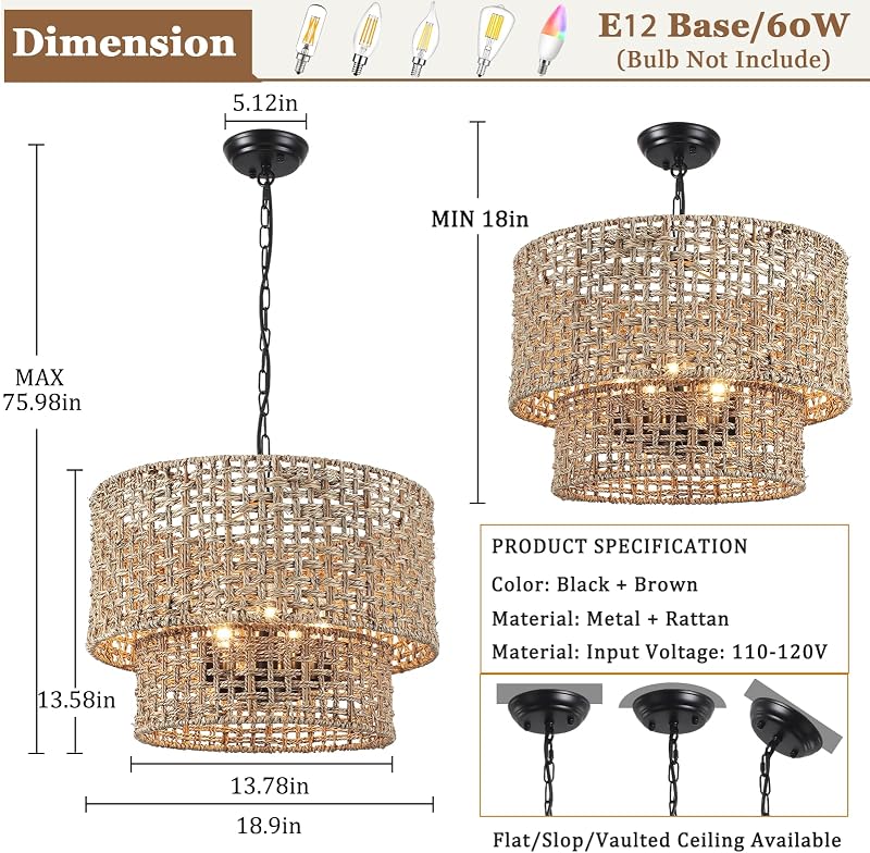 Lámpara colgante de ratán 5 luces estilo granja sala comedor