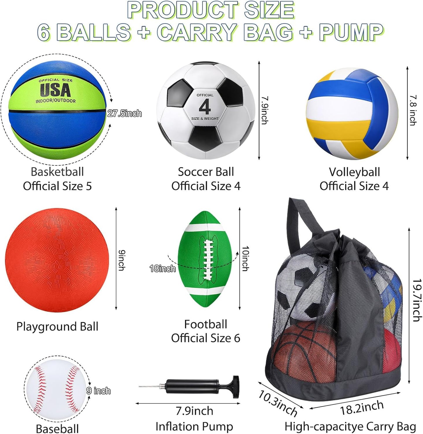 Set 6 pelotas deportivas para niños con bolsa