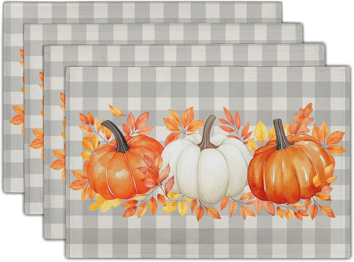4 Manteles Individuales Otoño Naranja y Blanco Calabaza