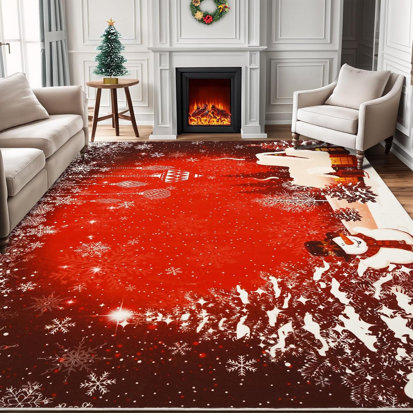 Tapete navideño 5x7ft rojo con muñeco de nieve antiderrap