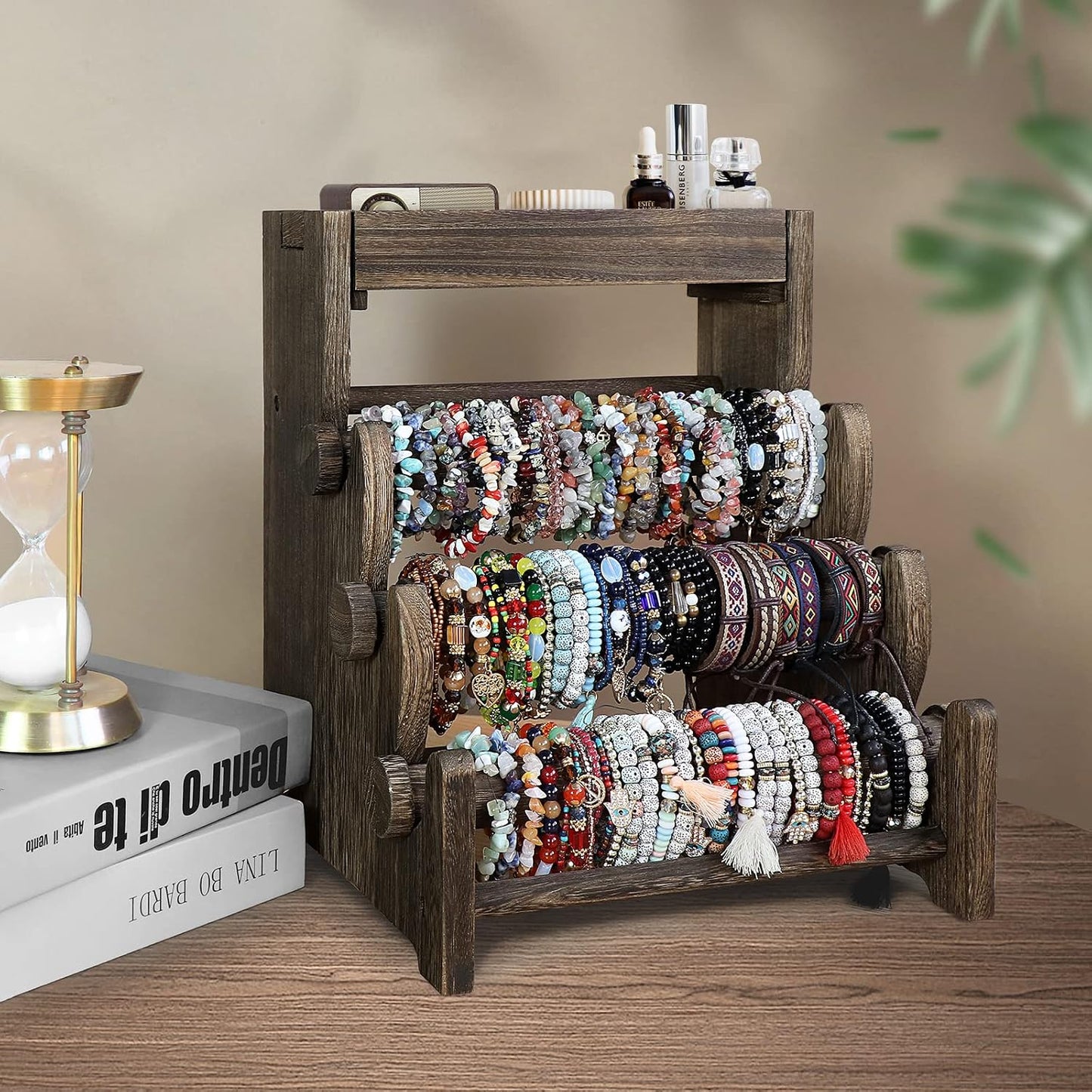 Soporte madera 4 niveles organiz. joyas reloj collar