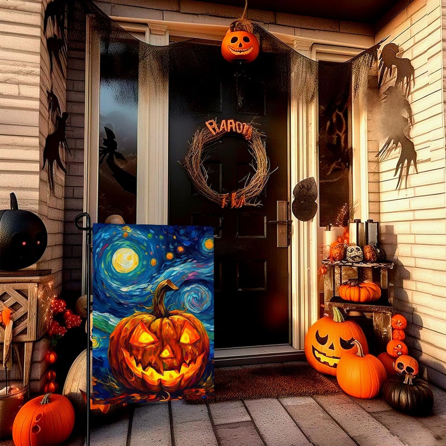 Bandera jardín Halloween calabaza Van Gogh estrellas luna