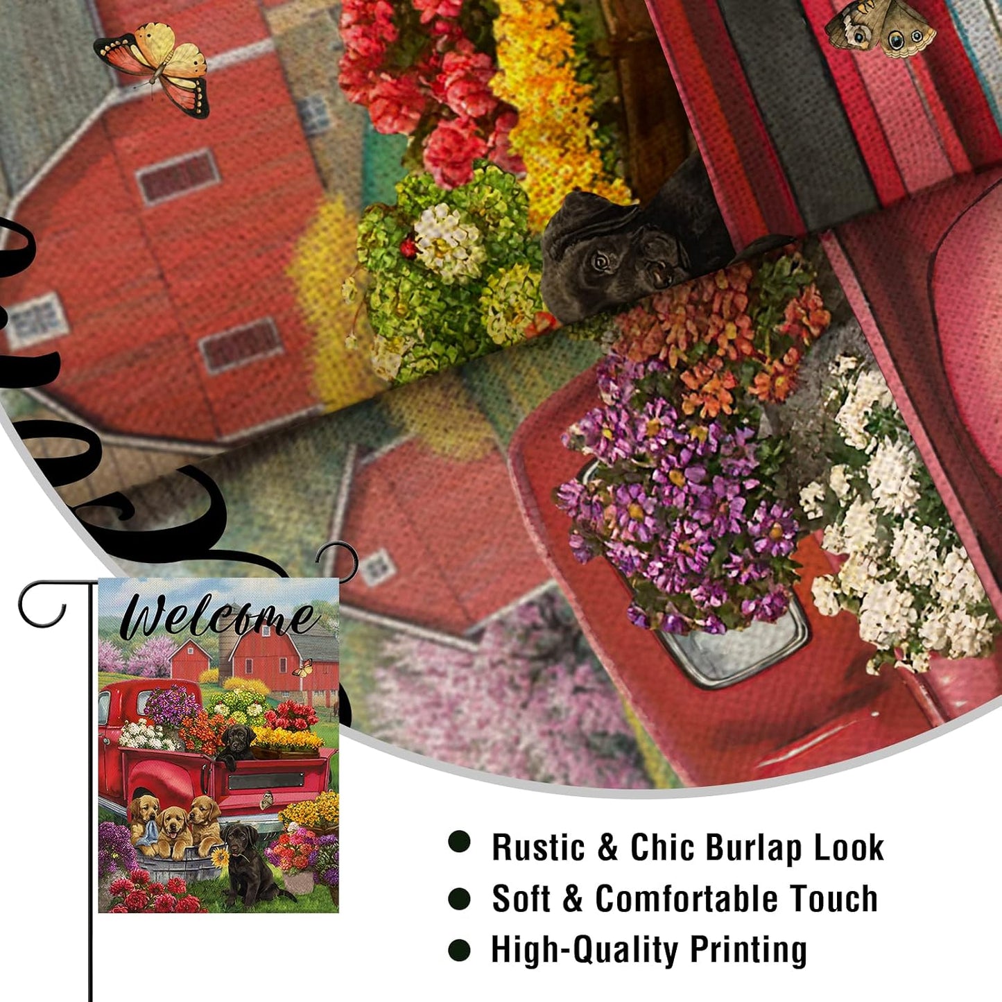 Bandera jardín camión rojo bienvenida 12x18pulg