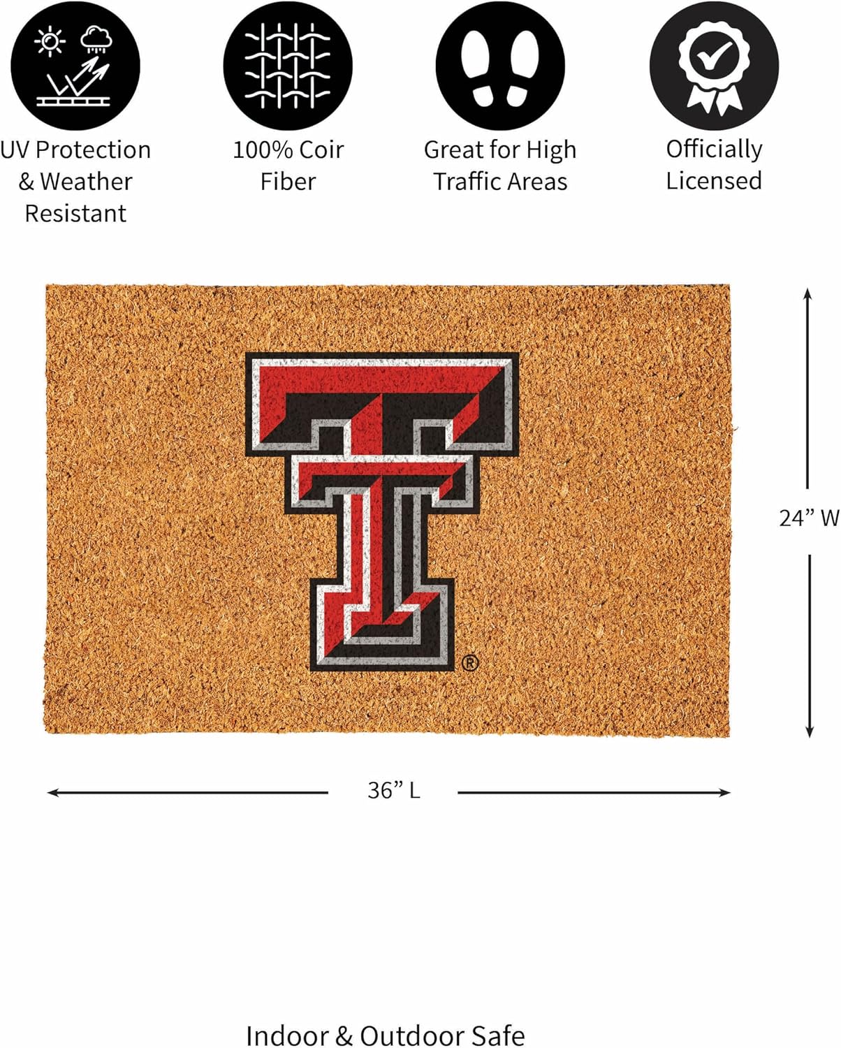 Tapete fibra coco Texas Tech 36x24pulg logotipo oficial