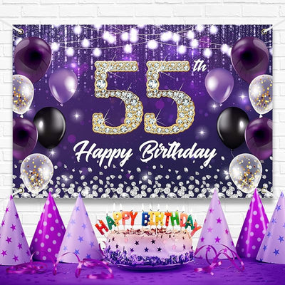 Telón cumpleaños 55 color morado diamante brillante fiesta