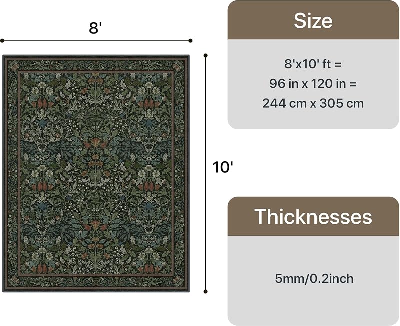 Alfombra Boho 8x10ft Florales Verde Antiderrap
