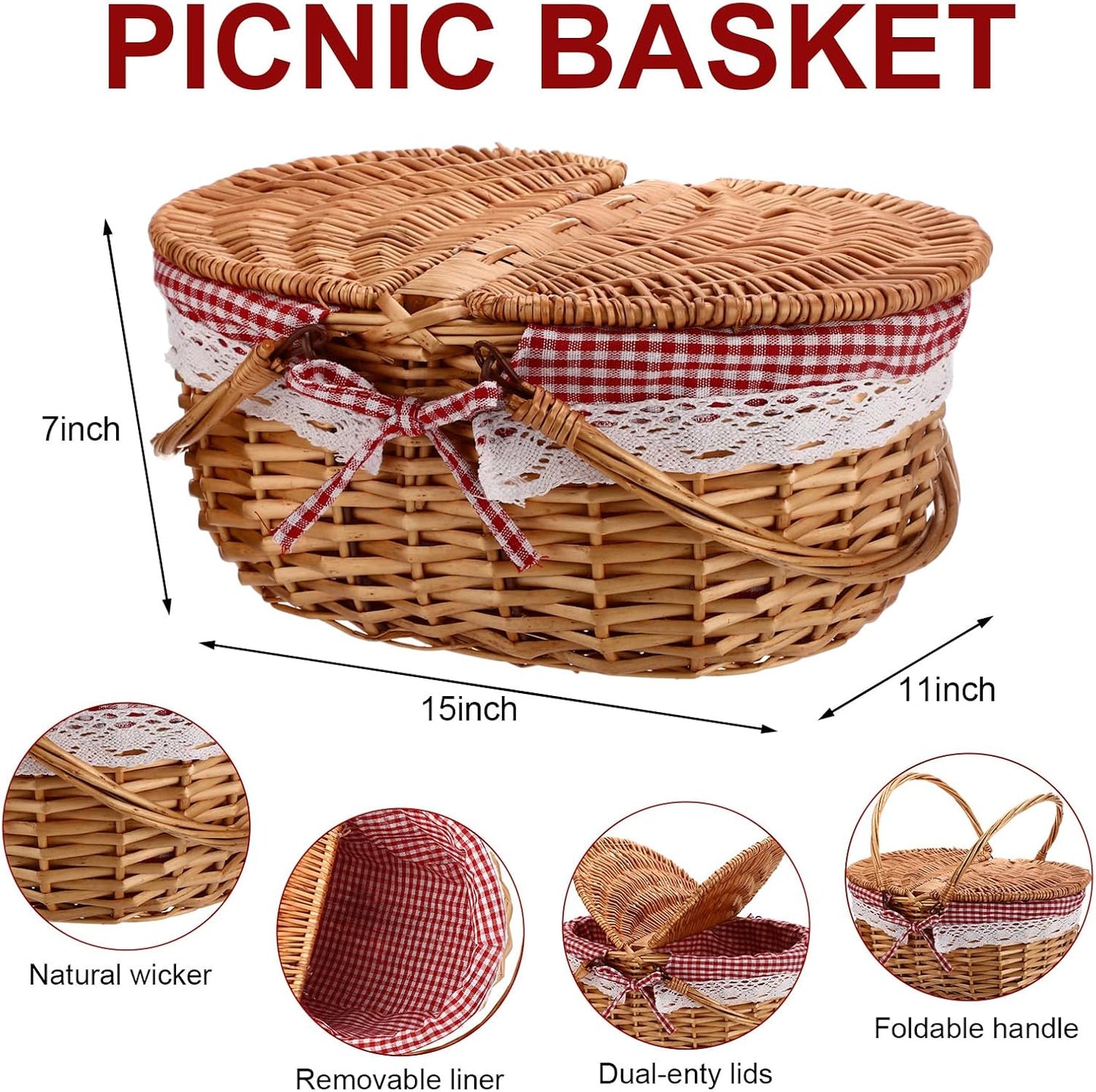 Cesta picnic bambú con asa tejido resistente forro lavable
