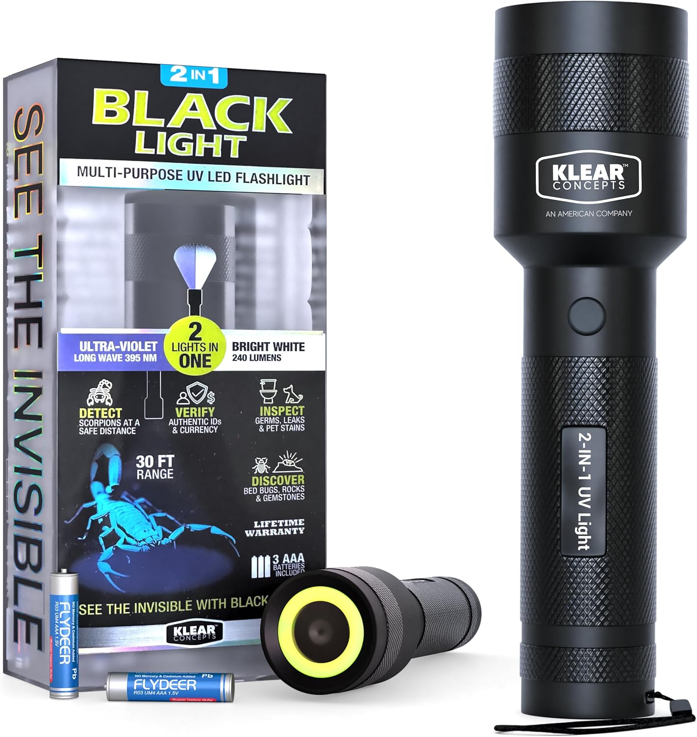 Linterna UV LED 2en1 luz negra blanca 30pies