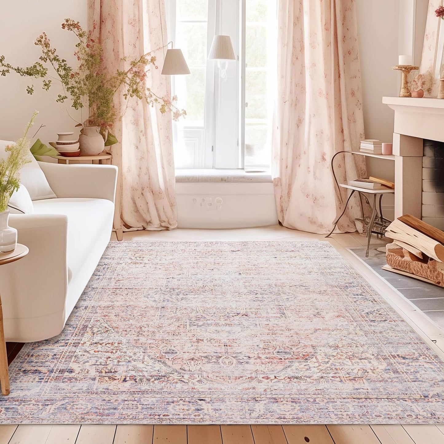 Alfombra sala 8x10ft lavable rosa boho vintage antiderrap