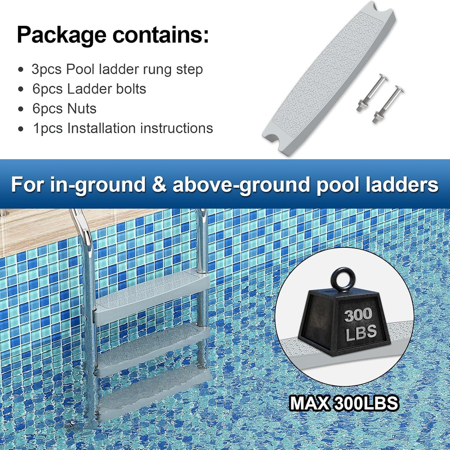 Escalera plástico 18pulg 6 pernos acero inox para piscinas gris
