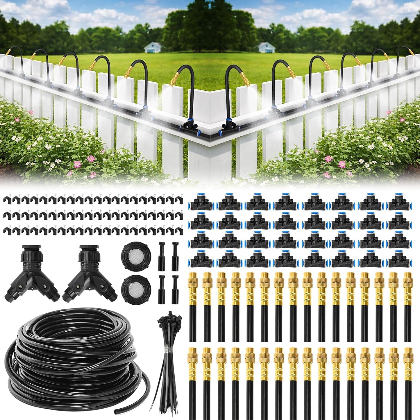 Sistema riego goteo 200ft 1/4pulg con 32 boquillas cobre ajustables