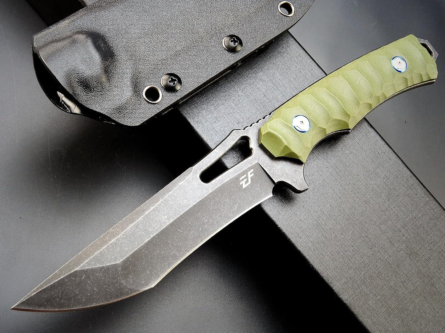 Cuchillo fijo hoja DC53 mango G10 EDC con funda Kydex verde