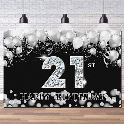 Telón cumpleaños 21 negro plateado poliéster 6x4ft cuerda 19ft