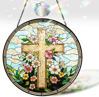 Atrapasoles vidrio emplomado cruz cristiana flores 7.8pulg