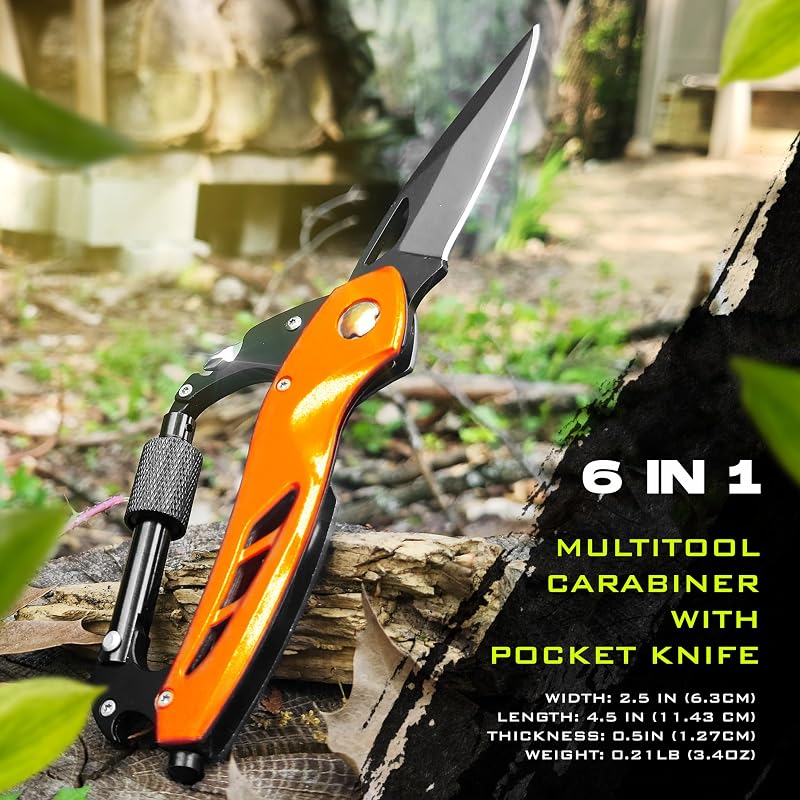 Mosquetón cuchillo EDC supervivencia rompecristales naranja