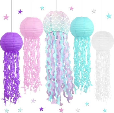 Faroles colgantes papel medusa rosa morado azul blanco juego 5