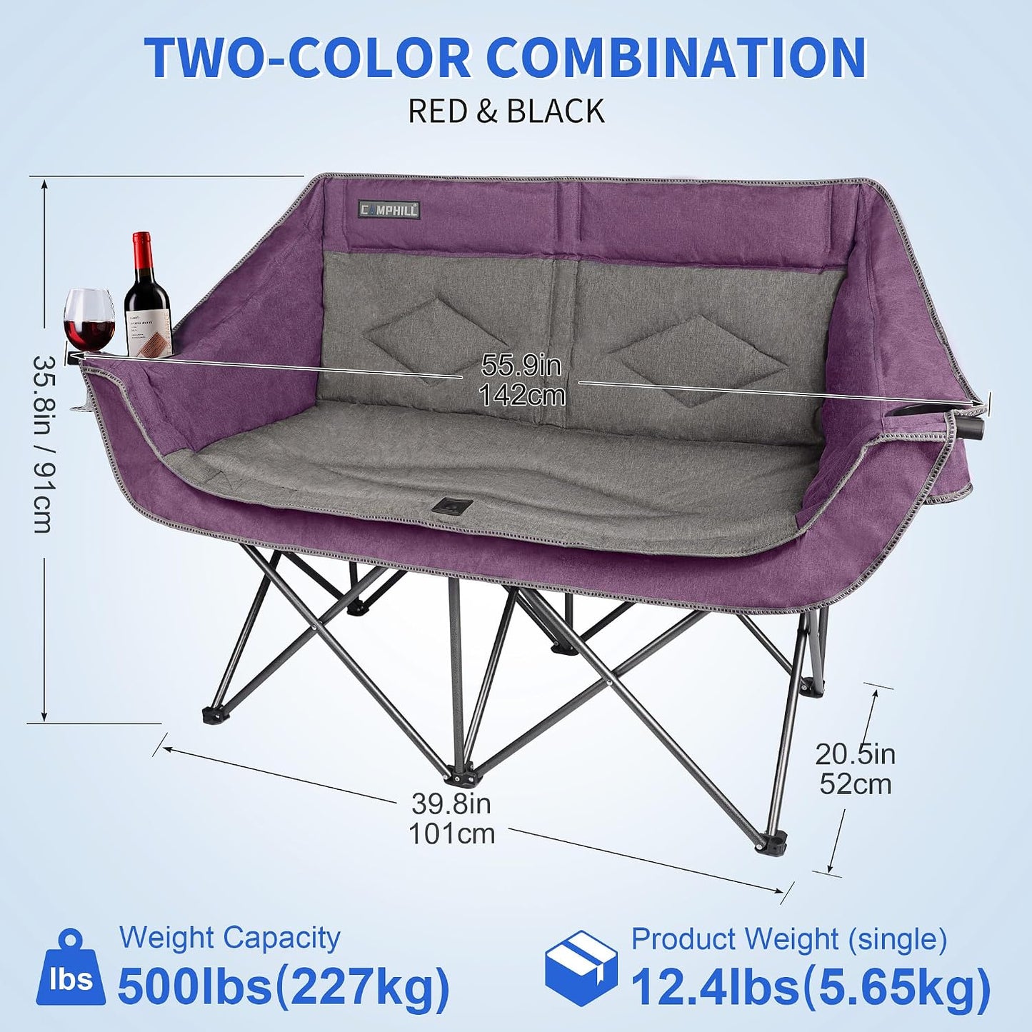 Silla campamento doble plegable acolchada 500lb color morado