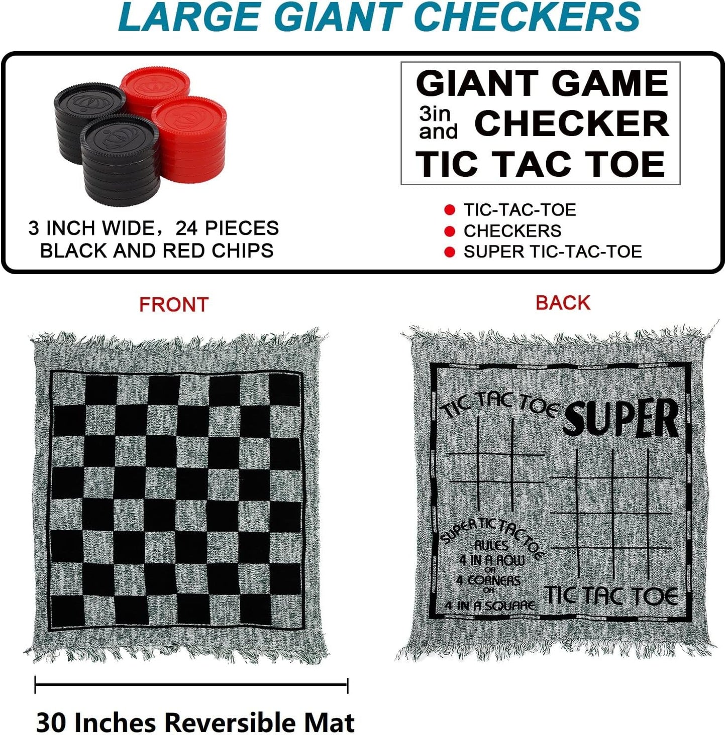 Set 3en1 fichas gigantes alfombra damas y tic tac toe
