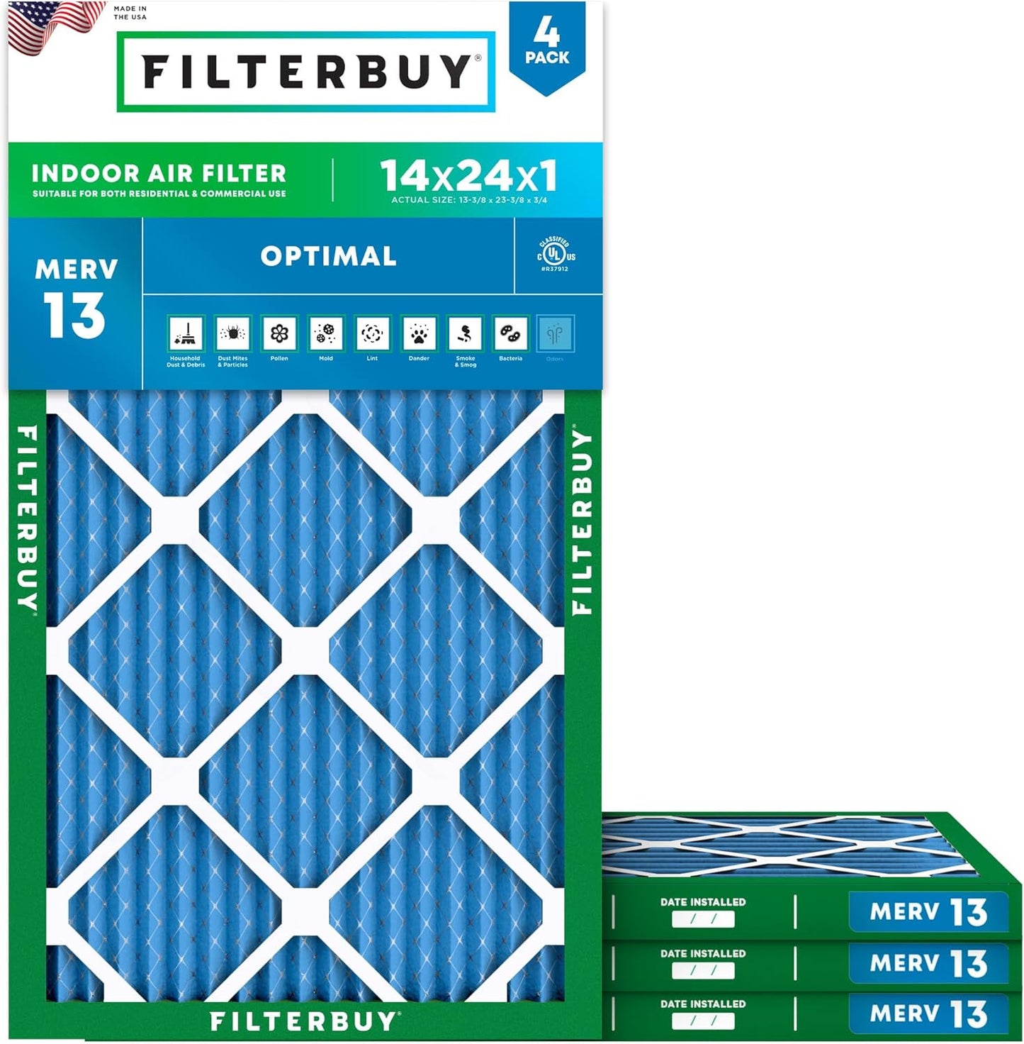Filtro aire 14x24pulg MERV13 plisado HVAC pack 4