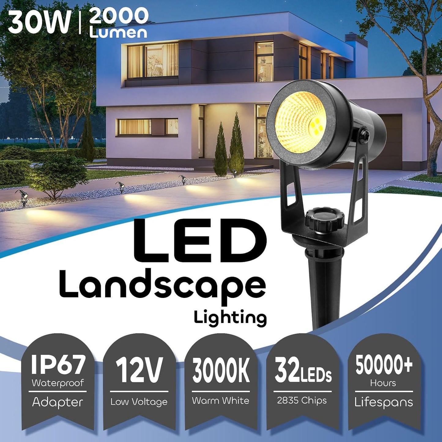 Iluminación exterior LED IP65 30W blanco cálido 90pies