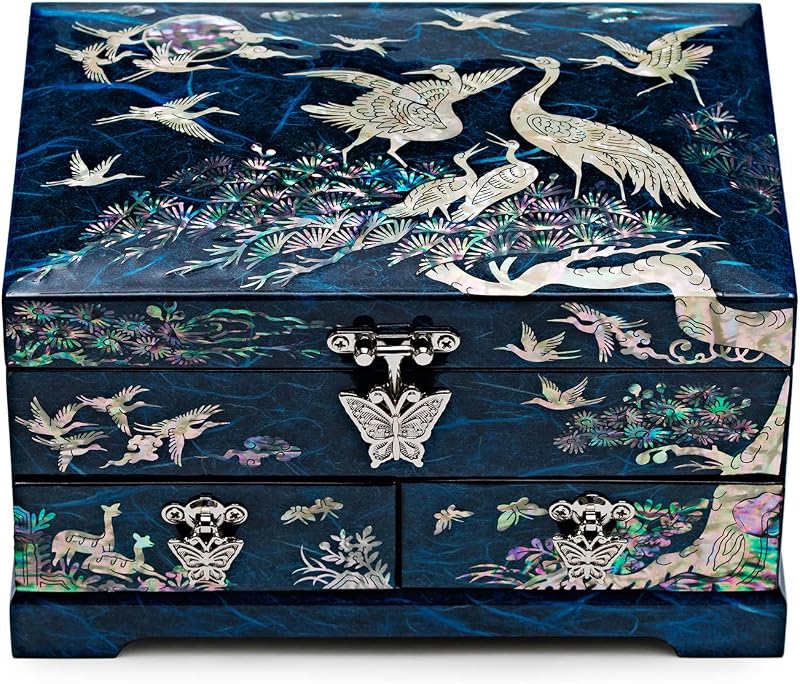 Caja joyería laqueada 2 niveles grúas azul