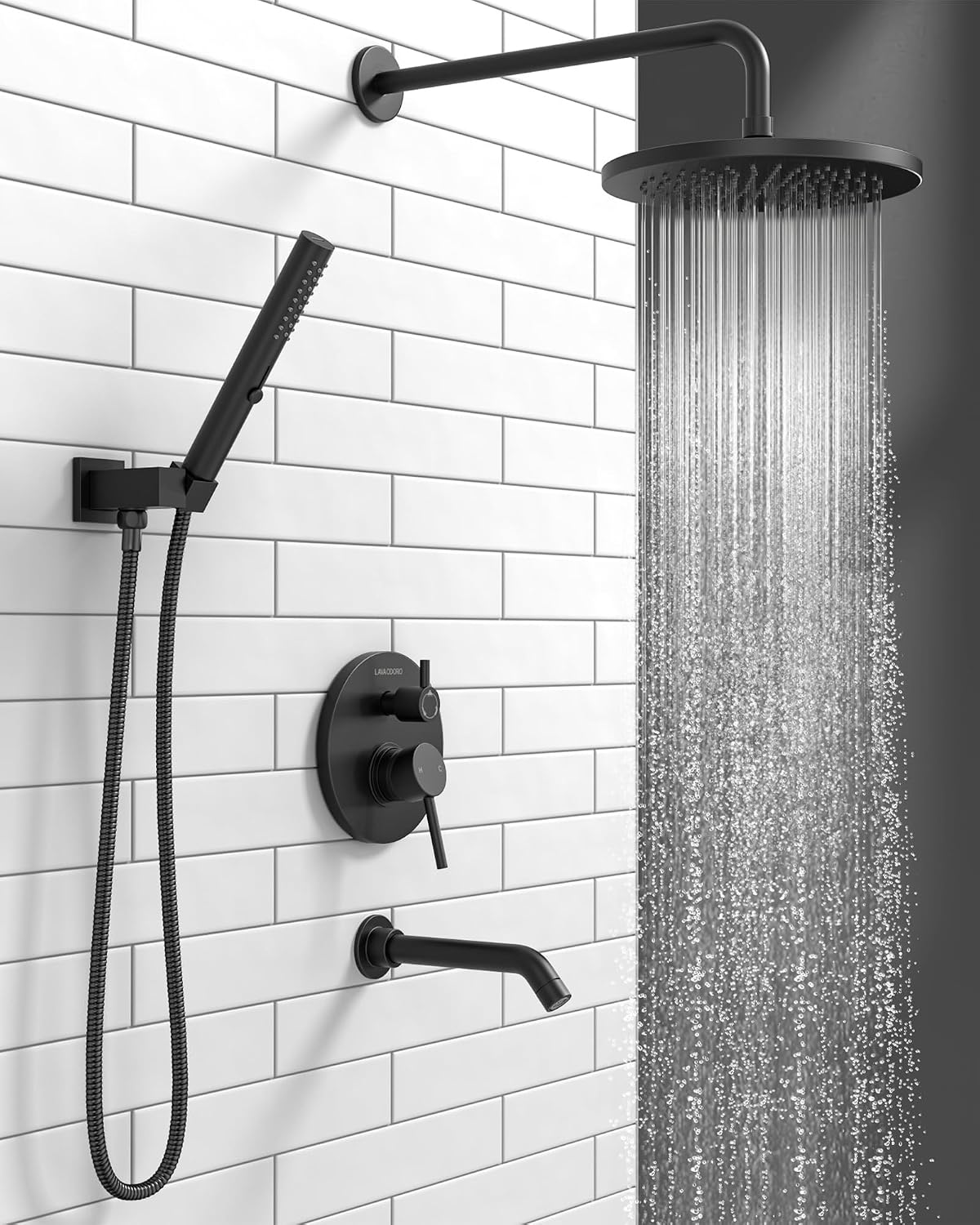 Set grifo ducha y bañera lluvia 3 ajustes negro